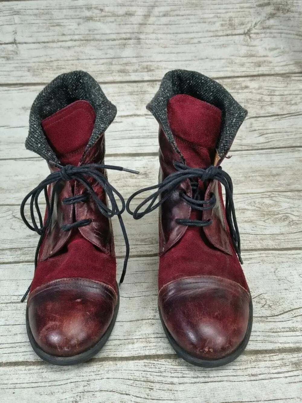 Hispanitas Burgundy Leather Suede Lace Up Ankle Boots Cuffed Tweed Collar EU 39